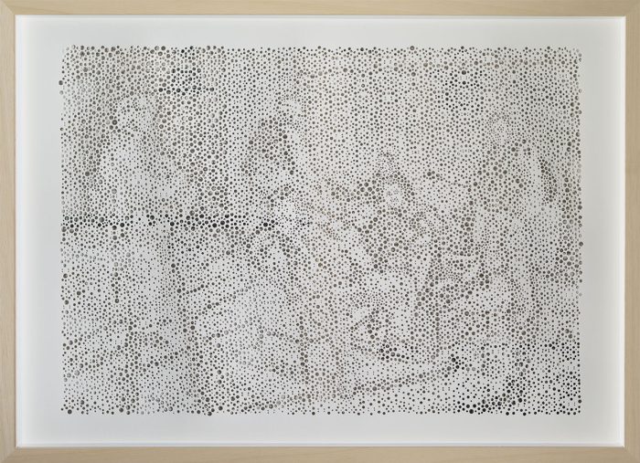 untitled (Etappenquartier), gelochtes Papier, Zeitung, 50 x 70cm, 2012